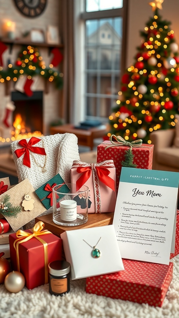Thoughtful Christmas Gift Ideas for Mom A collection of Christmas gifts for mom including jewelry, skincare, and cozy items, set in a festive living room.